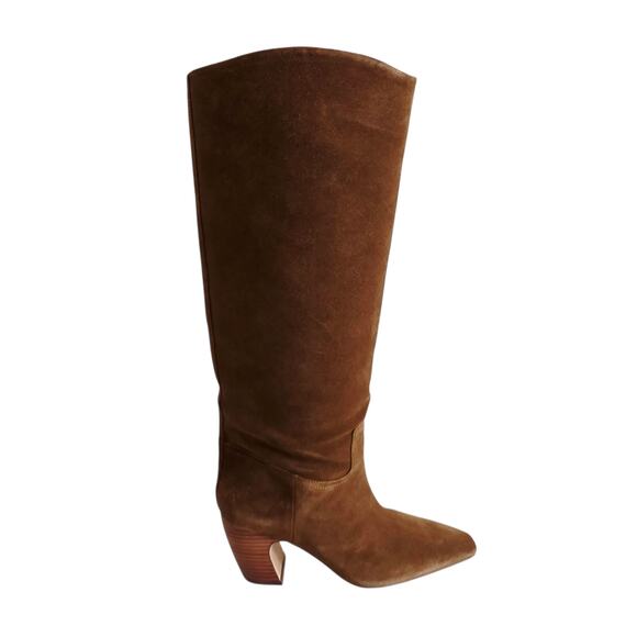 Vince Camuto Brown Tall Suede Leather Heeled Boots Pointy Toe Wide Calf Size 8.5 - Picture 2 of 10